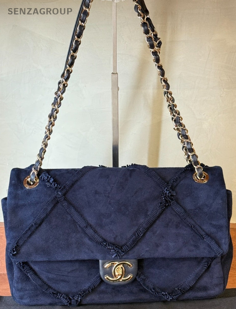 Chanel Classic Flap Suede Leather Chain Shoulder Bag Blue Gold Used Women