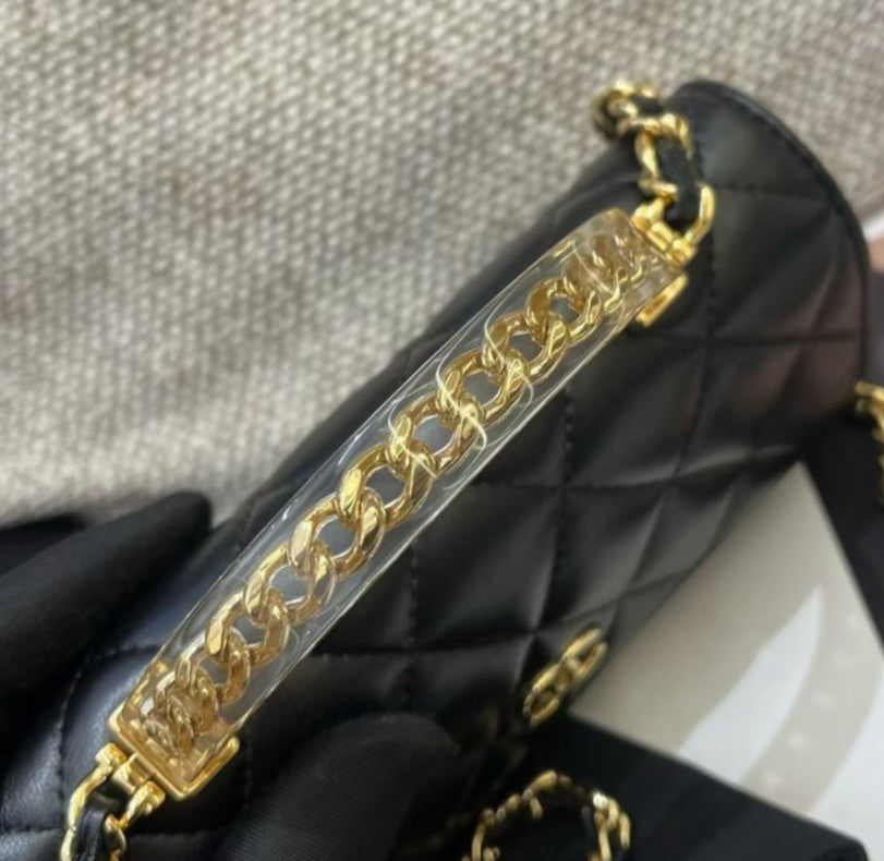 Chanel Diamond Lambskin WOC Chain Top Handle Bag Crossbody Black Gold Women