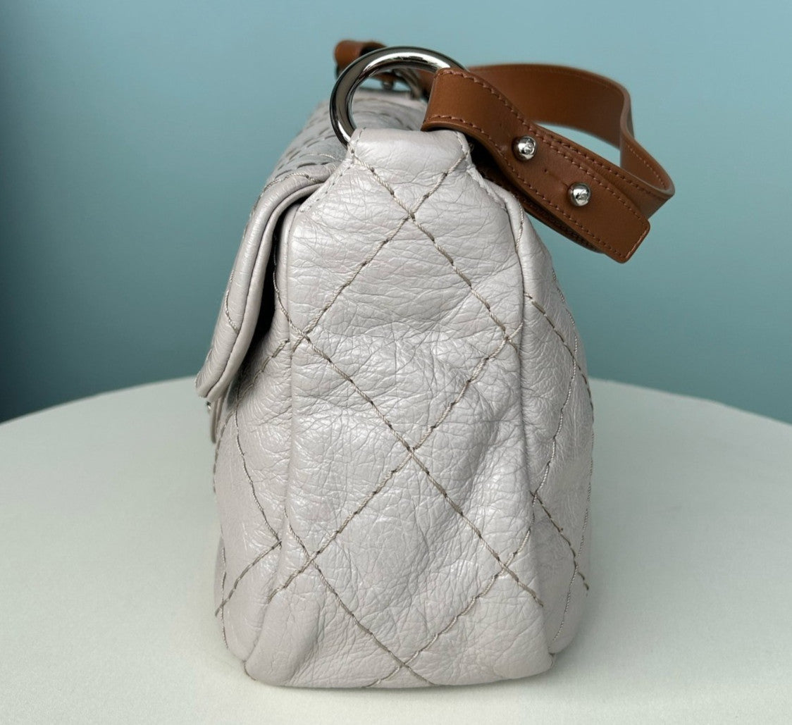 Chanel Diamond Calfskin Top Handle Shoulder Bag White Silver Women Classic