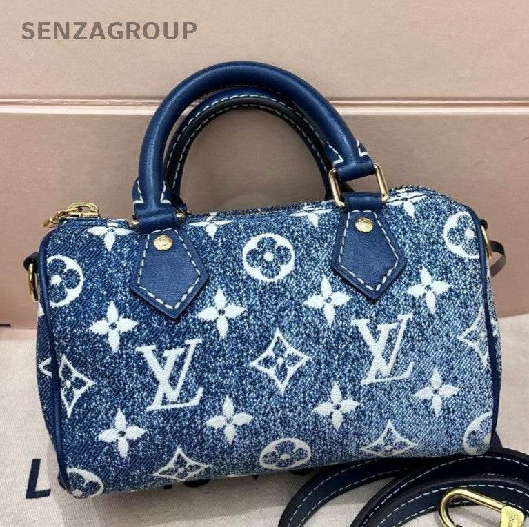 Louis Vuitton Speedy Nano Denim Monogram Top Handle Crossbody Blue Gold Women