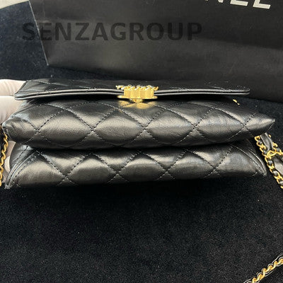 Chanel 23K Classic Black Gold Quilted Chain Shoulder Crossbody Bag