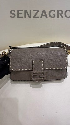 Fendi Baguette Medium Elephant Gray Gold Shoulder Crossbody Bag Women Classic