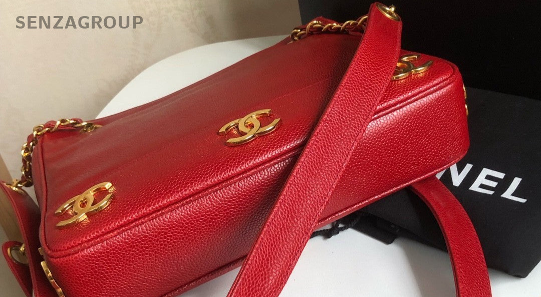 CHANEL Red Gold caviar single-shoulder bag eight logos Women