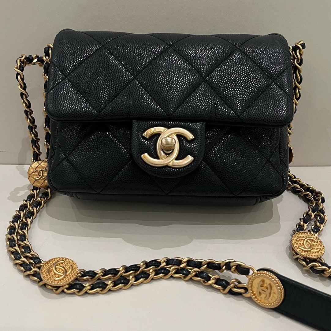 Chanel Classic Flap Quilted Gold Coin Chain Crossbody Bag Black Gold