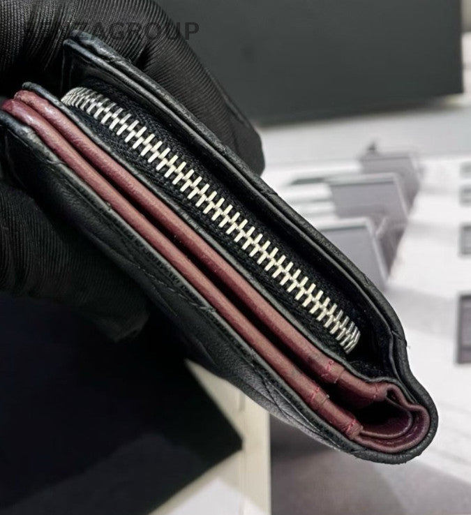 Chanel Lambskin Leather Diamond Pattern Long Wallet Black Silver Used Women