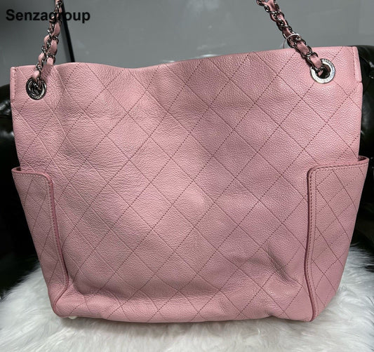 Chanel Tote Chain Shoulder Bag Pink Silver Used Women Classic Fashion