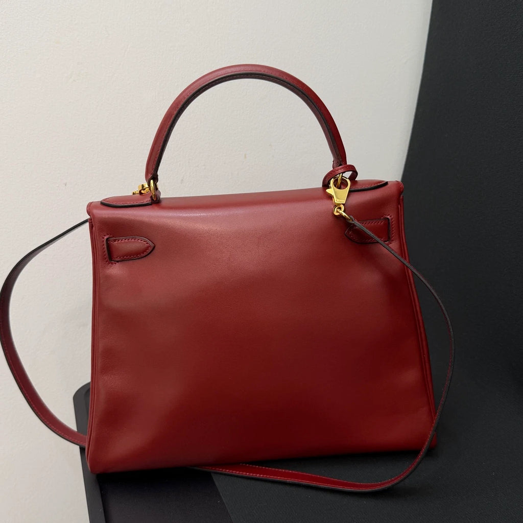 Hermes Kelly28 Top Handle Bag Crossbody Red Gold Used Women Classic Fashion