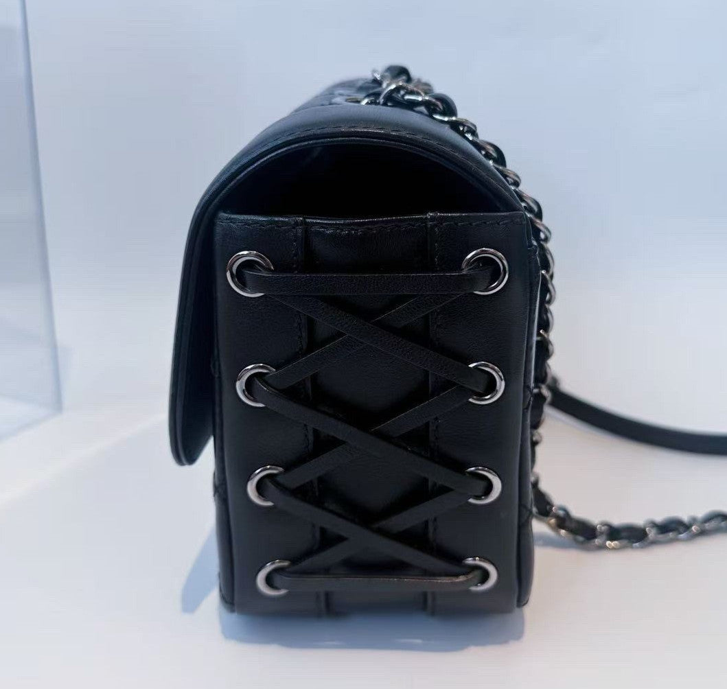 Chanel Classic Flap Calfskin Chain Shoulder Bag Black Silver Used Women Diamond