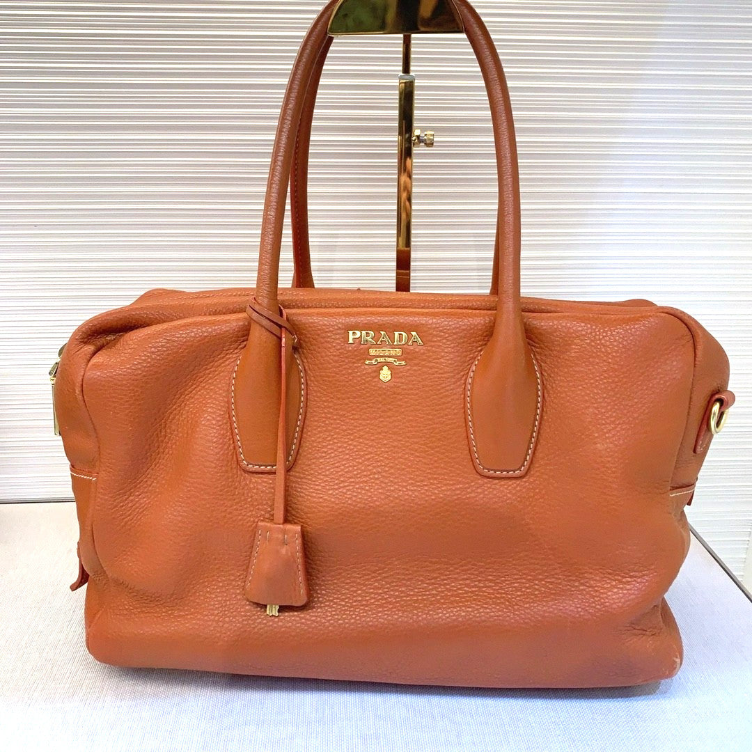 PRADA Top Handle soft Leather Shoulder bag Orange Handbag Women