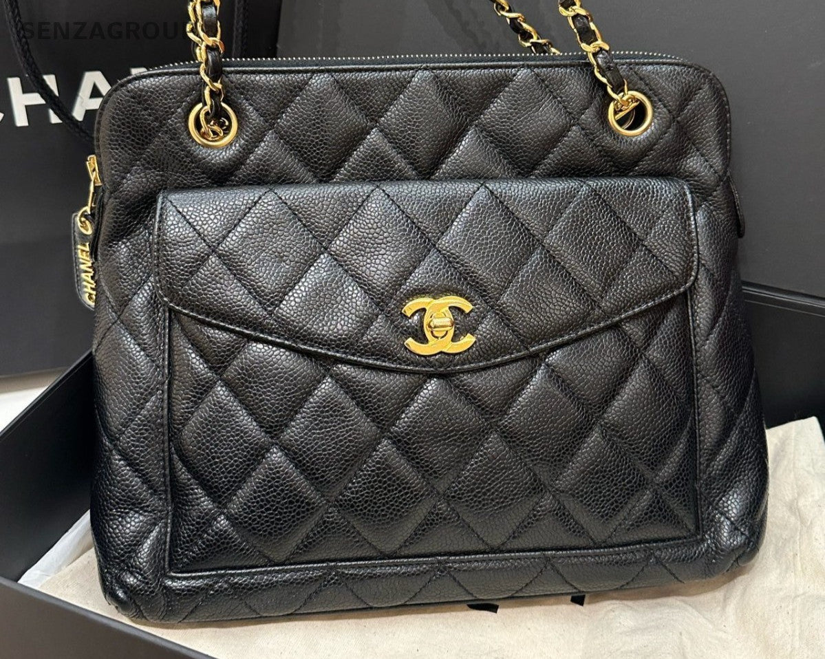 Chanel Diamond Chain Shoulder Bag Black Gold Women Classic Vintage