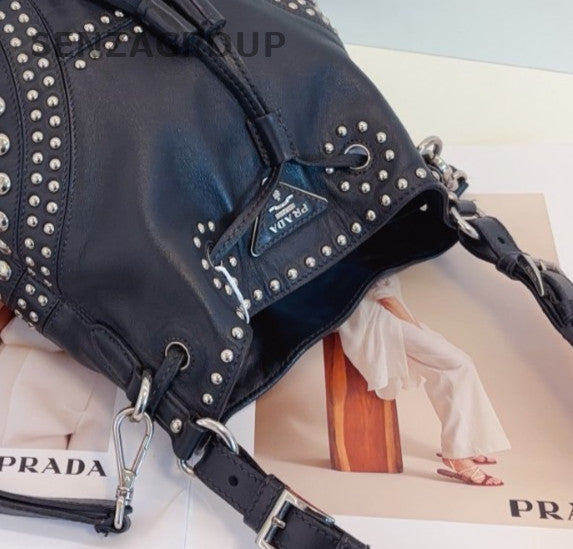 Prada Drawstring Bucket 2Way Top Handle Bag Shoulder Bag Black Silver Women