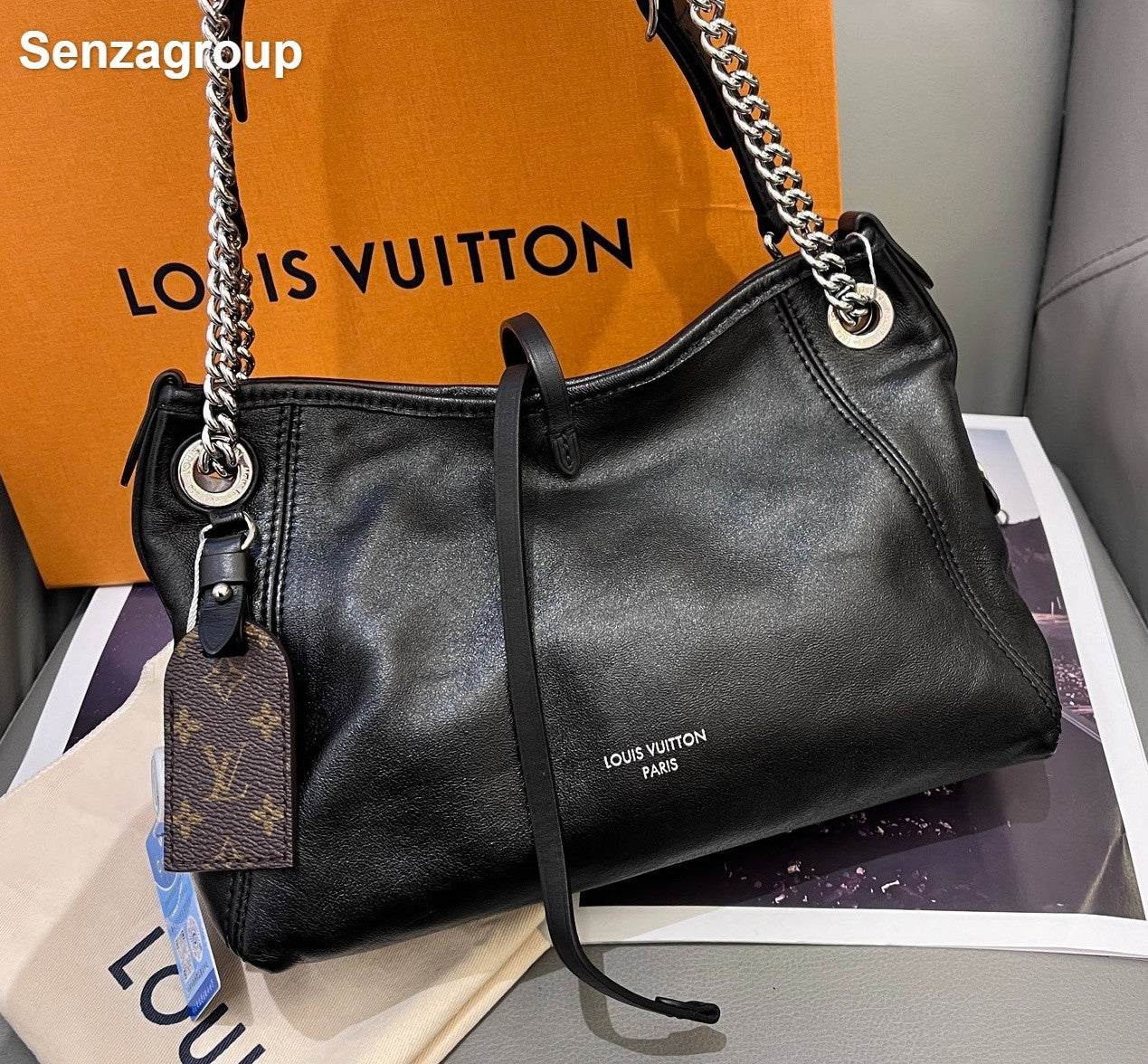 Louis Vuitton Carryall BB Lambskin Chain Shoulder Bag Black Silver Women Classic