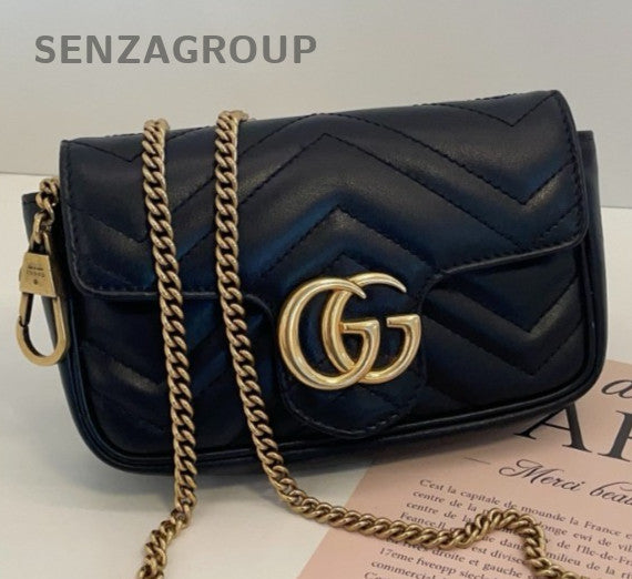 Gucci Marmont Super Mini Chain Shoulder Bag Crossbody Black Gold Women Classic