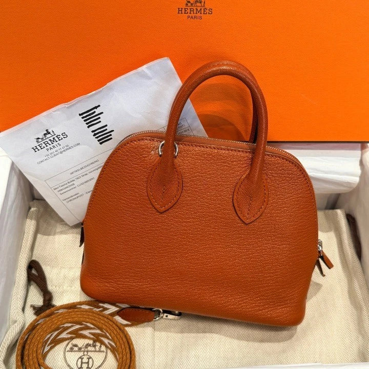 Hermes Bolide Mini Top Handle Bag Crossbody Orange Silver Classic Women D