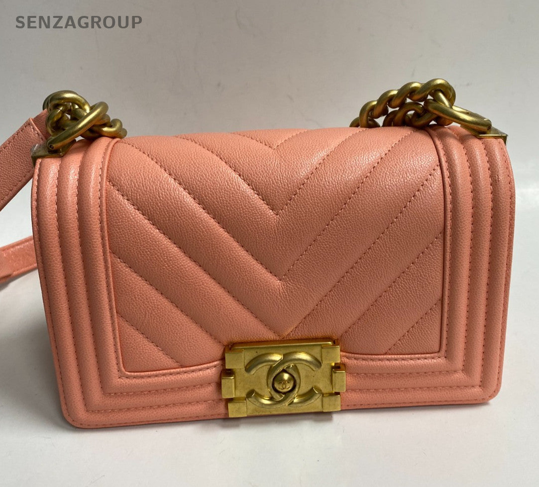 Chanel Leboy PM Chain Shoulder Bag Pink Gold Chevron Women Classic Fashion