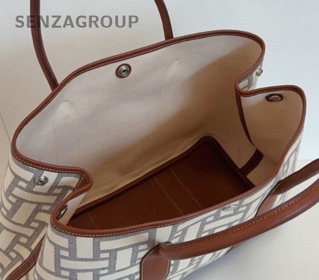 Hermes Garden Party36 Canvas Top Handle Bag White Brown Silver Women Classic