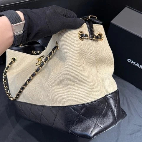 Chanel Tote Chain GM Canvas Lambskin Shoulder Bag Beige Black Gold Women D