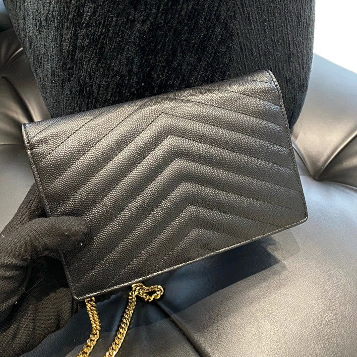 Saint Laurent Envelope PM Chain Shoulder Bag Crossbody Black Gold Women D