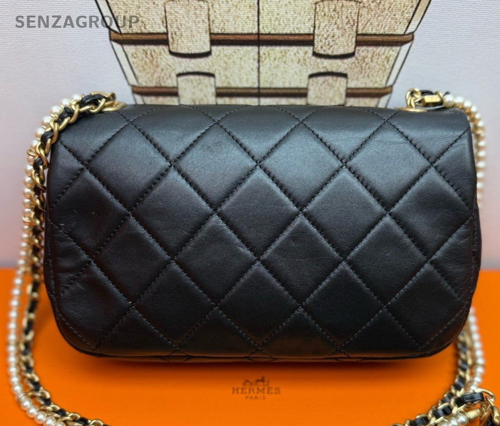 Chanel Classic Flap Pearl Chain Shoulder Bag Black Gold Diamond Women Fashion