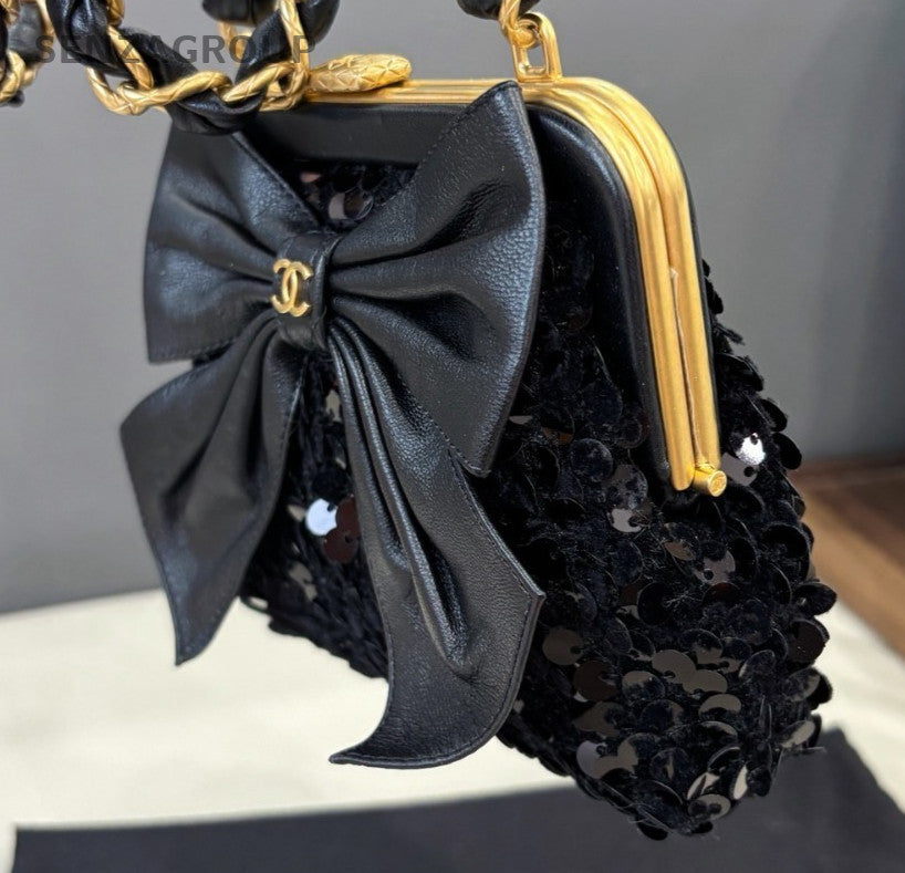 Chanel Ribbon Chain Clutch Shoulder Bag Black Gold Used Women Classic Designer