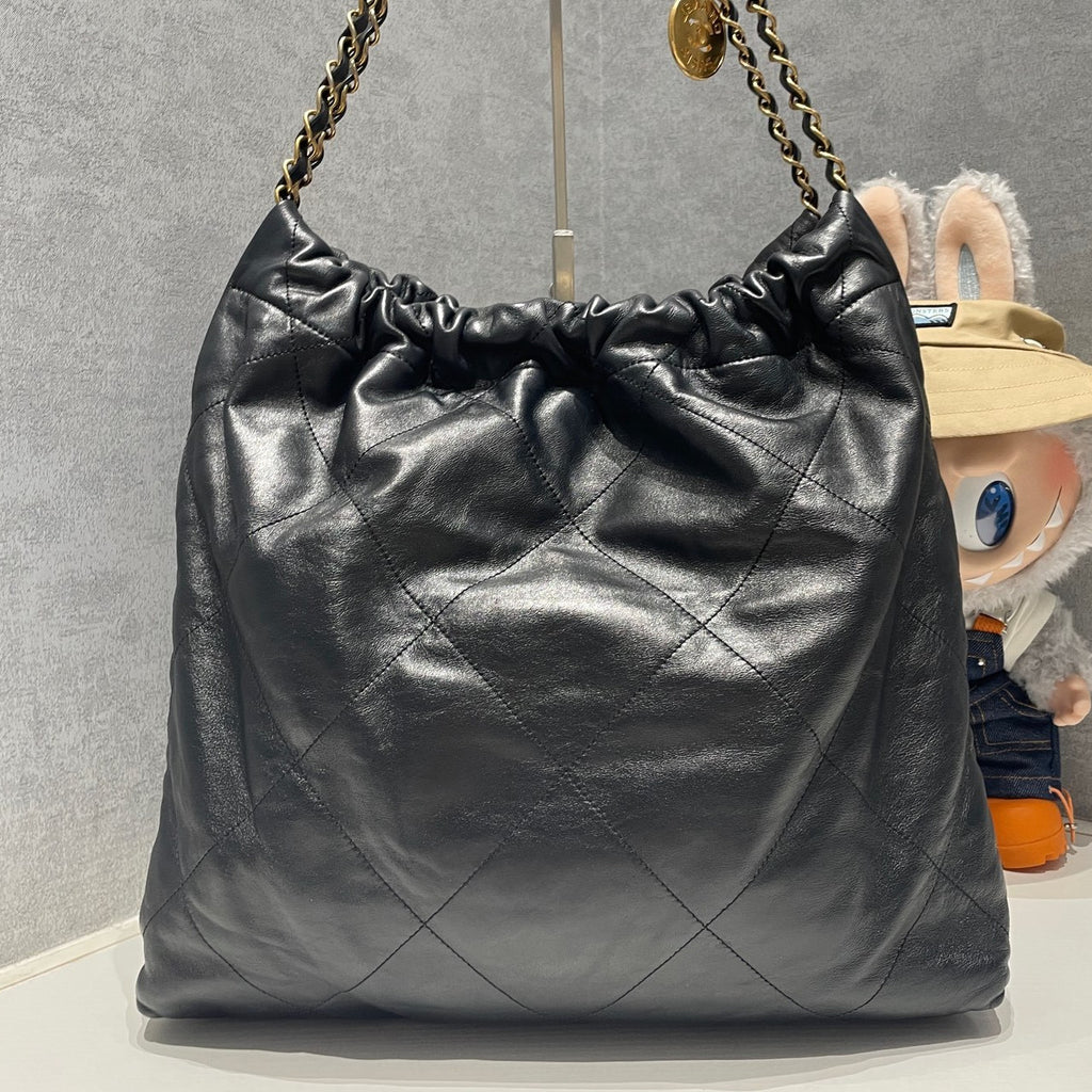 Chanel 22 Bag Medium Black Gold Quilted Chain Shoulder Bag for Women