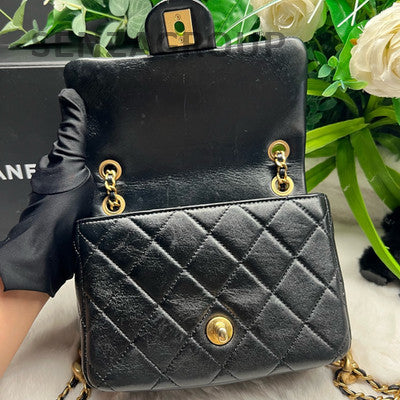 CHANEL 22P Black Gold Chain Quilted Caviar Mini Square Flap Bag