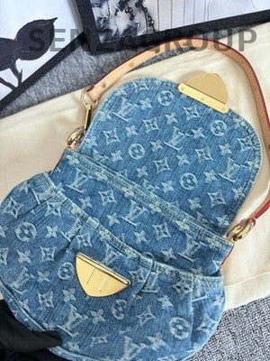 Louis Vuitton Denim Blue Shoulder Bag Gold Hardware Classic Fashion Women