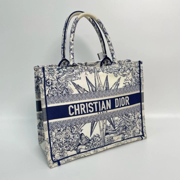Authentic Dior Blue Embroidered Medium Tote Handbag For Women
