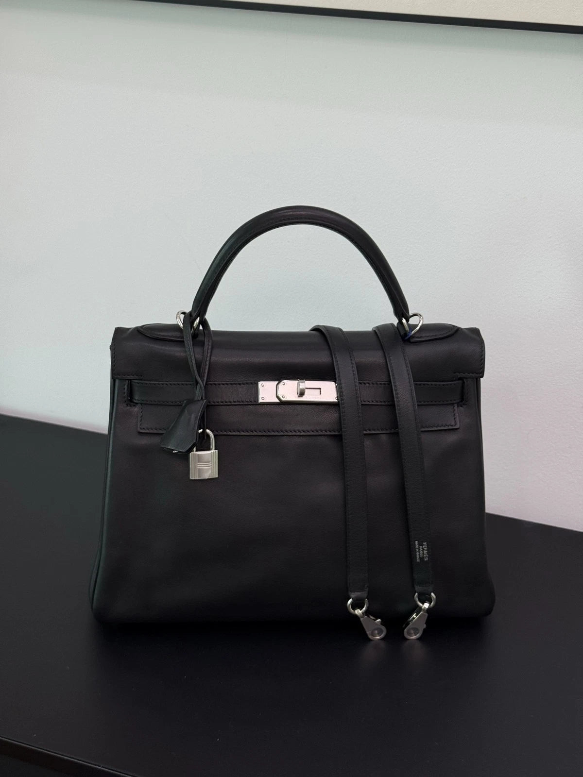 Hermes Kelly32 Evergrain Top Handle Bag Crossbody Black Silver Classic Women
