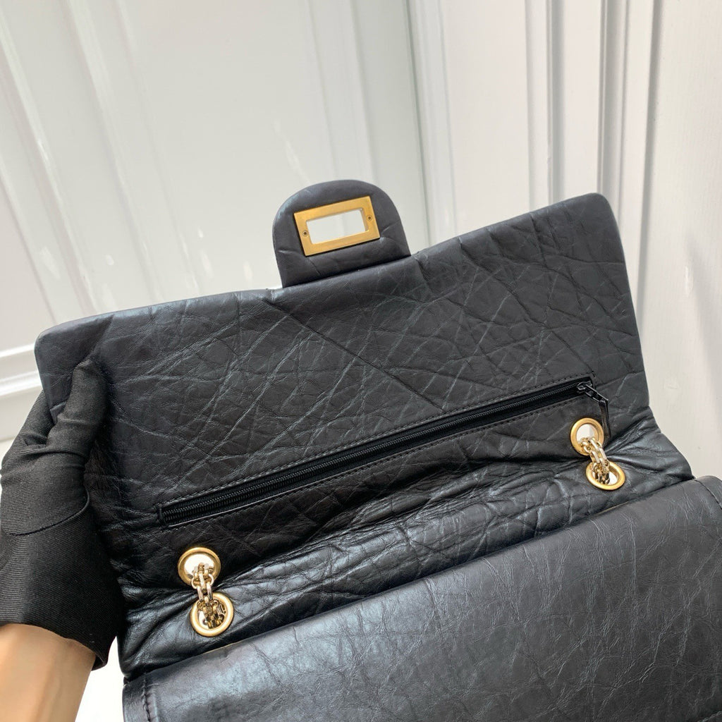 CHANEL 2.55 Diamond Pattern Chain Shoulder bag Black Gold Women