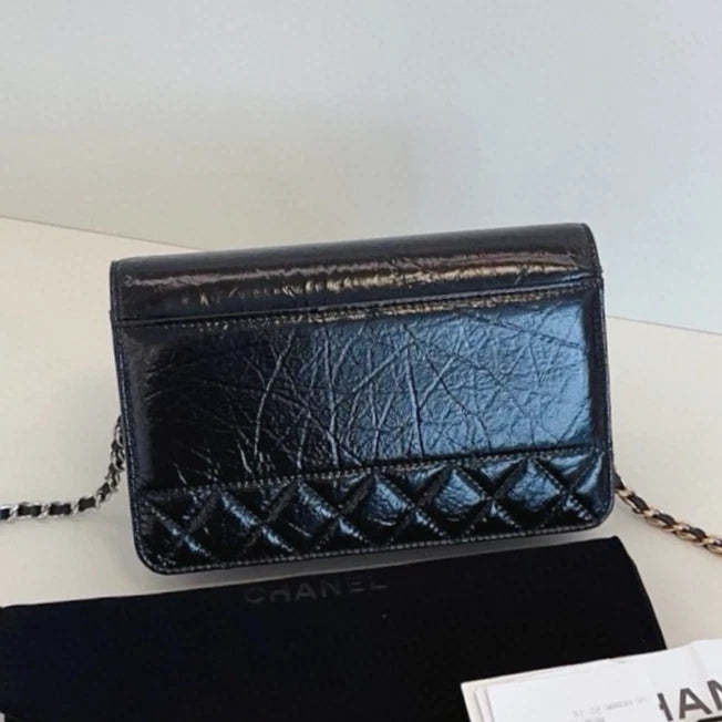 Chanel WOC Calfskin Chain Shoulder Bag Crossbody Black Gold Women Classic