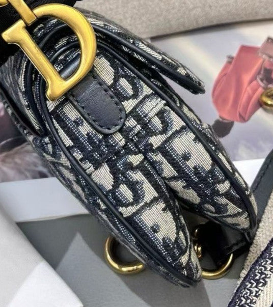 Christian Dior Oblique Saddle PM Shoulder Bag Crossbody Black Gold Women Classic