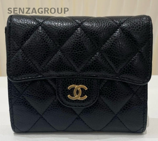 Chanel Diamond PM Calfskin Wallet Black Gold Used Women Classic