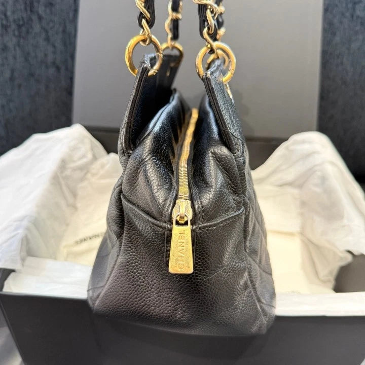 Chanel Calfskin Tote Chain Diamond Shoulder Bag Black Gold Women Classic D