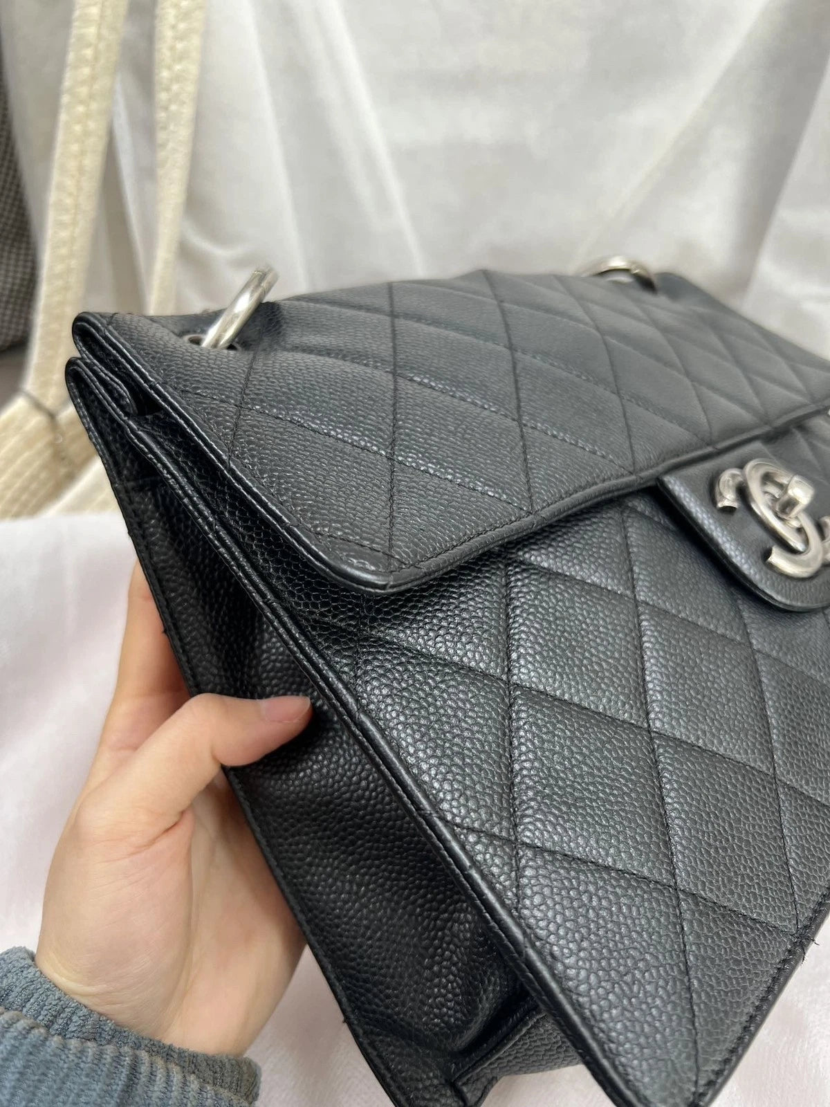 Chanel Bombay Calfskin Chain Shoulder Bag Black Silver Women Classic