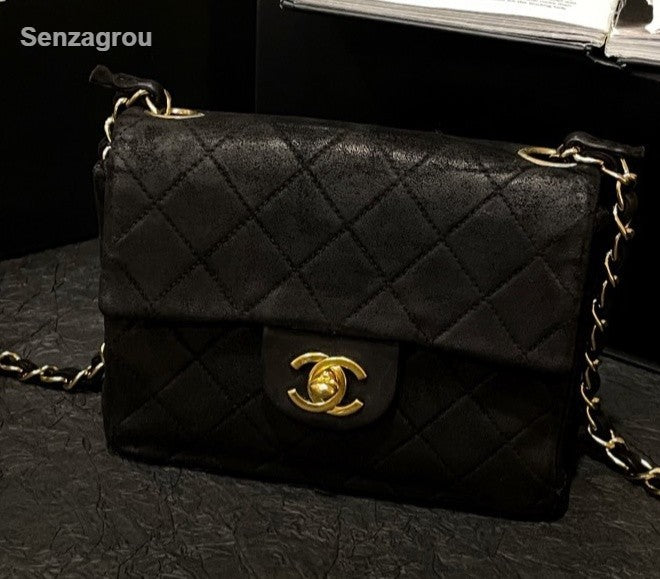 Chanel Classic Flap Suede Chain Shoulder Bag Crossbody Black Gold Women Vintage