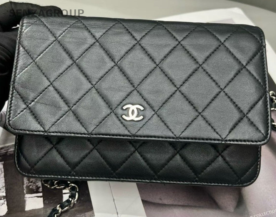 Chanel WOC Lambskin Chain Shoulder Bag Black Silver Women Classic