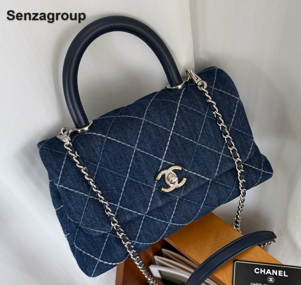 Chanel Coco Handle Denim Chain Top Handle Crossbody Blue Silver Women Diamond