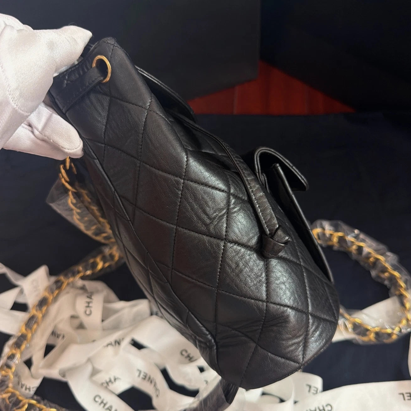Vintage Chanel Duma Diamond Chain Black Backpack Gold Hardware