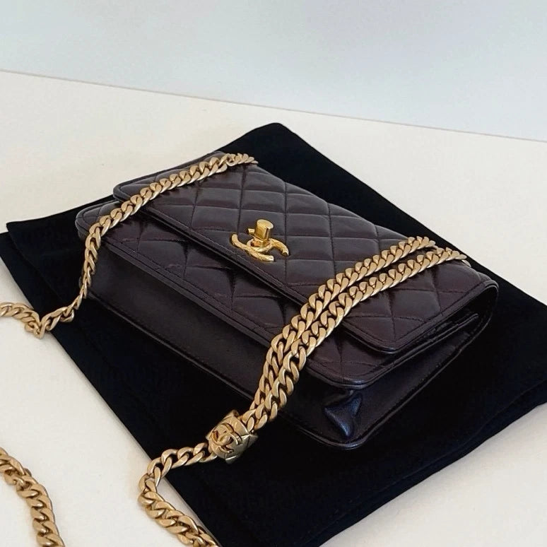 Chanel WOC Chain Shoulder Bag Crossbody Brown Gold Diamond Classic Women