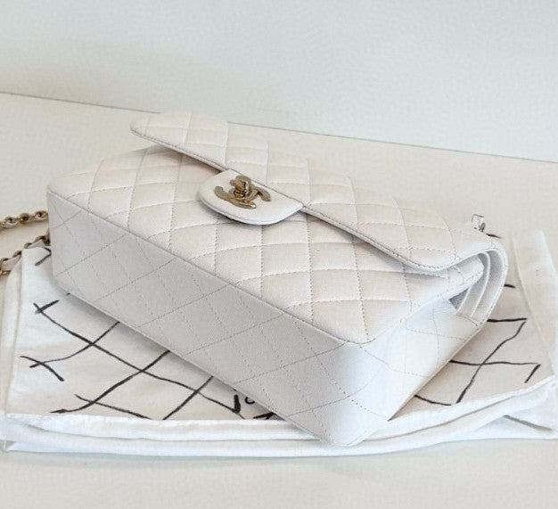 Chanel Classic Flap MM Calfskin Chain Shoulder Bag White Gold Women Fashion