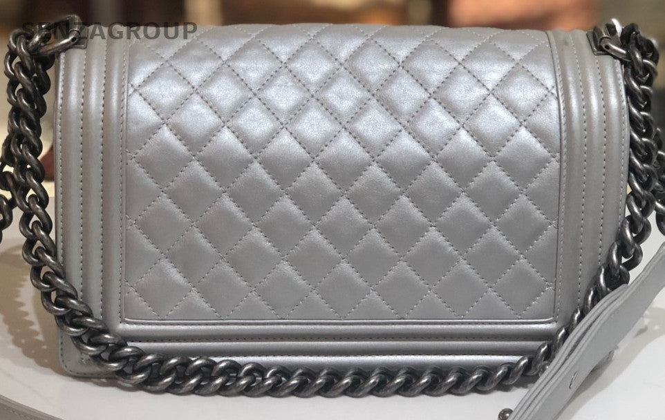 Chanel Leboy MM Calfskin Chain Shoulder Bag Silver Diamond Women Classic