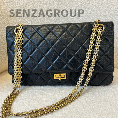 Chanel 2.55 Black Gold Quilted Vintage Calfskin Chain Shoulder Bag Medium