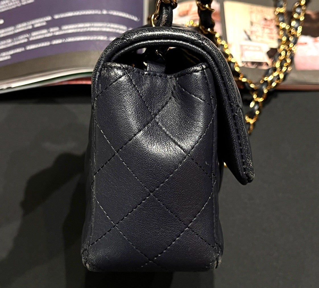 Chanel Classic Flap Mini Lambskin Chain Shoulder Bag Navy Gold Women Diamond