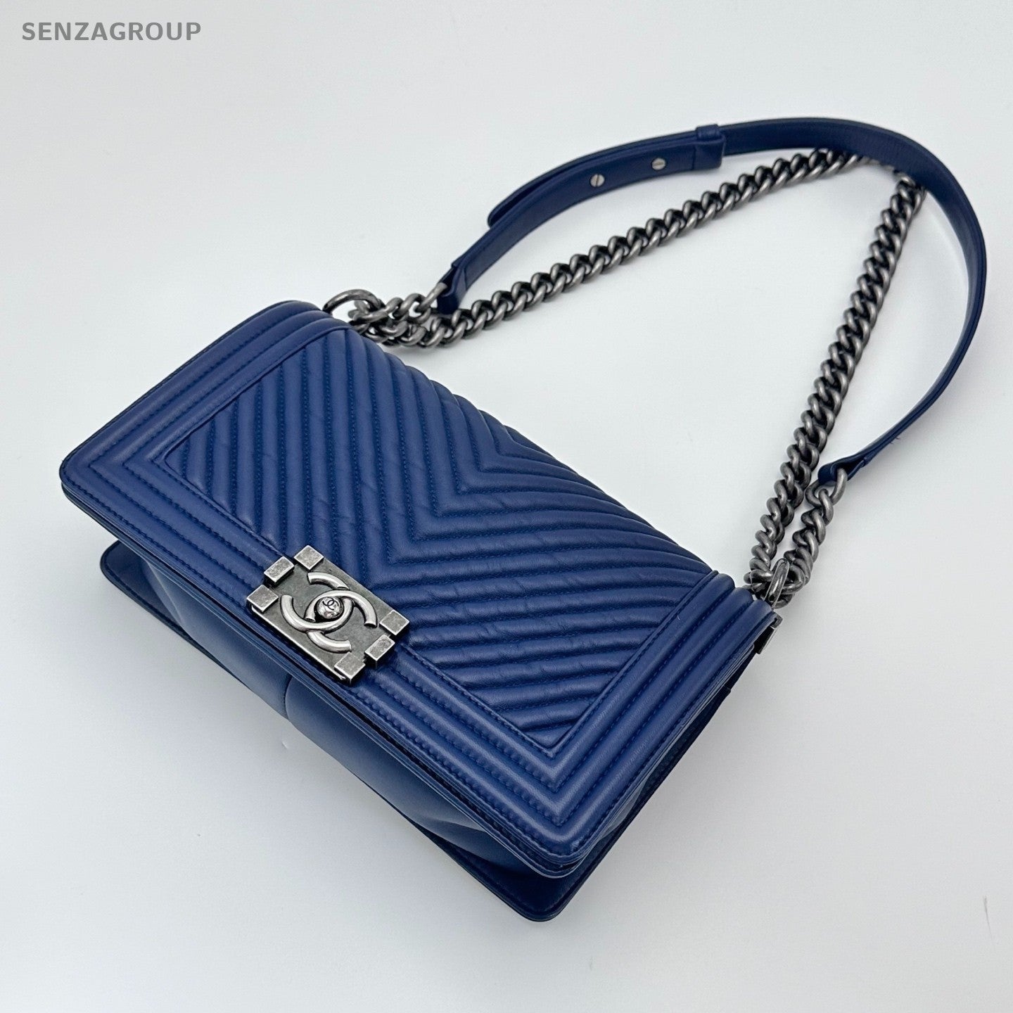 Chanel Leboy MM V-shaped pattern Chain Shoulder bag Blue Silver Women Classic