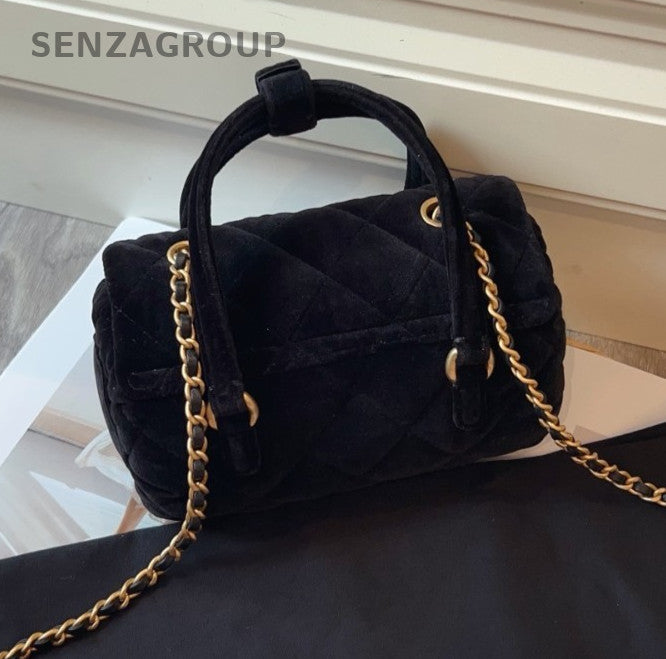 CHANEL CC Logo 25C Velvet Top Handle 2way Shoulder Handbag Black Gold Women