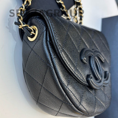 Chanel 23P Quilted Black Caviar Leather Saddle Bag with Chain Strap