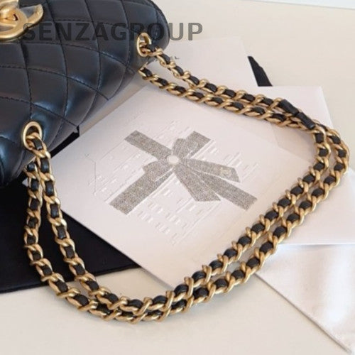 Chanel 24B Diamond Chain Shoulder Bag Crossbody Black Gold Women Classic