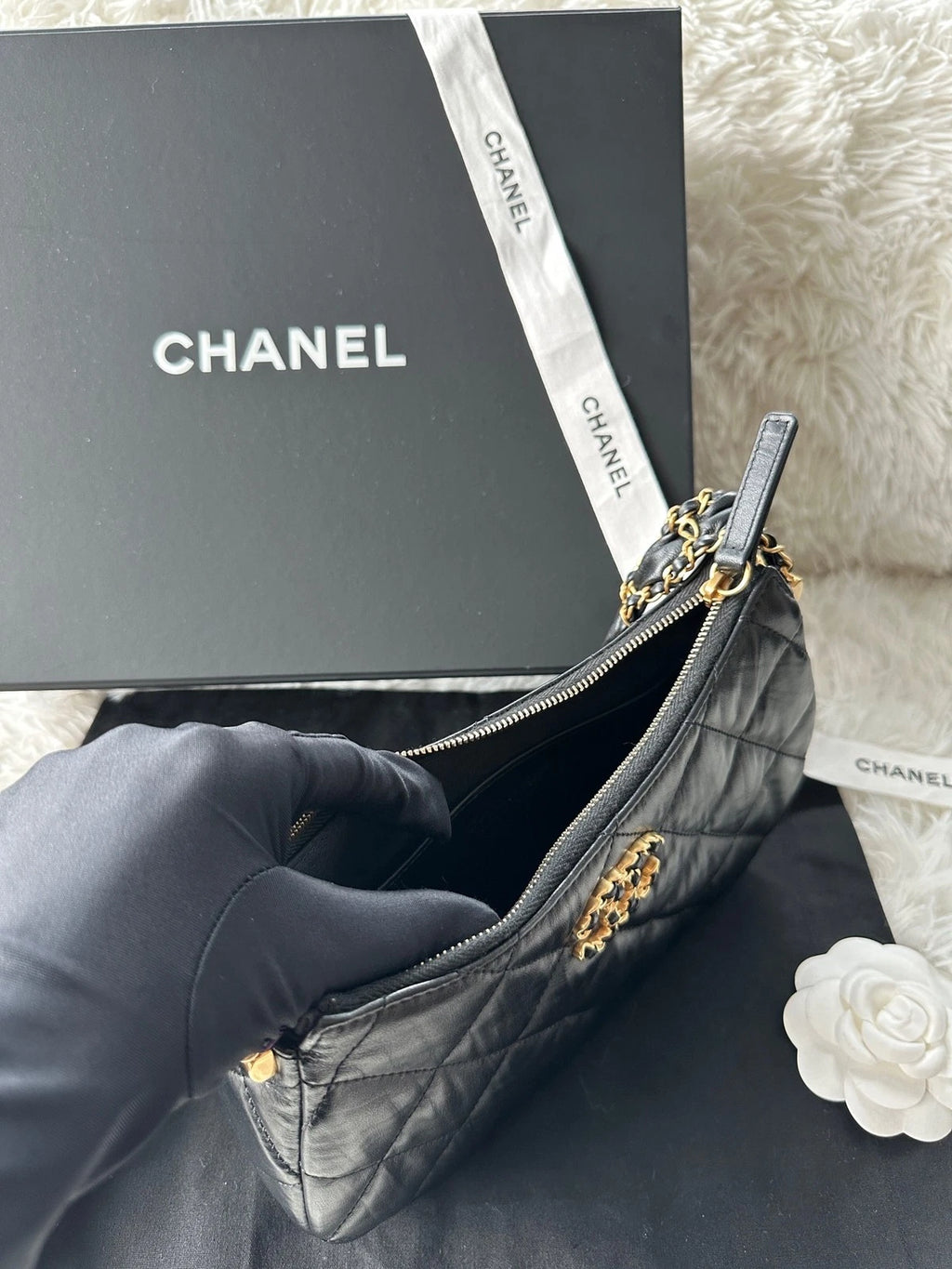 CHANEL Hobo Large Black Gold Calfskin Shoulder Bag For Women