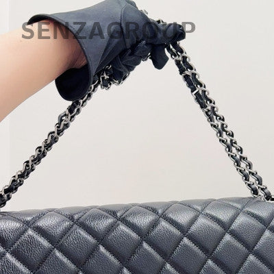 Chanel Classic Flap Black Silver Calfskin Large Chain Shoulder Bag